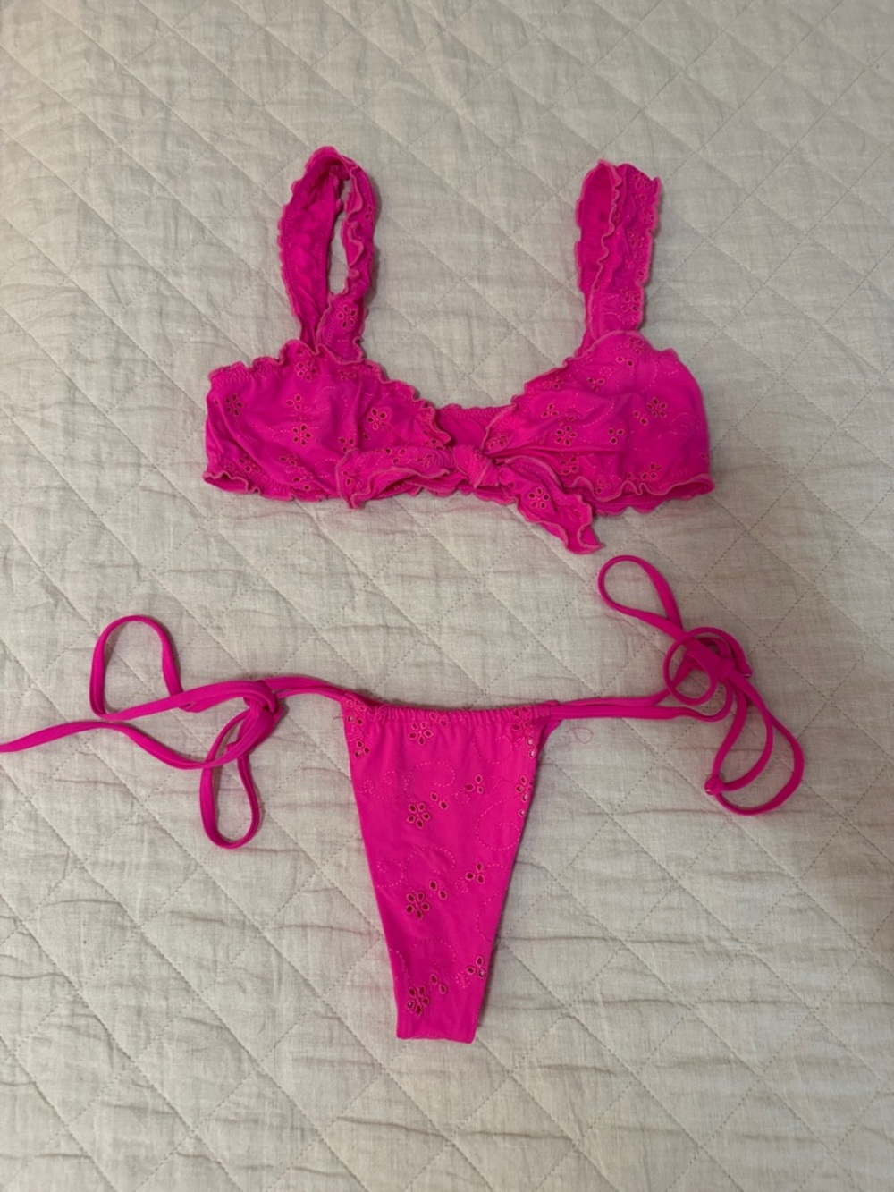 Frankie’s Bikinis Hot Pink Eyelet Tie Bikini Set